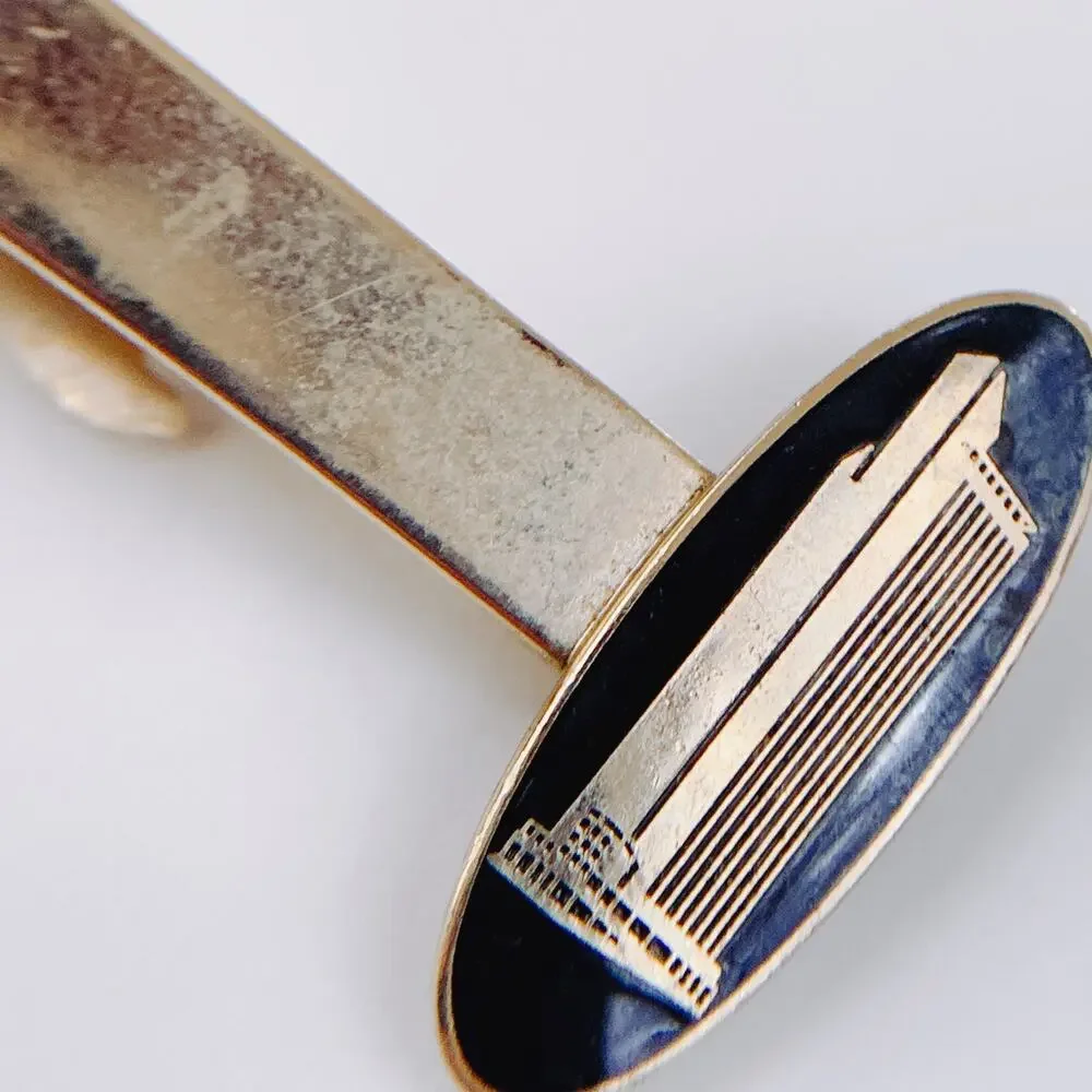 VTG Mid Century Black Cufflinks Tie Bar Chain 3-Piece Set Skyscraper Gold Tone